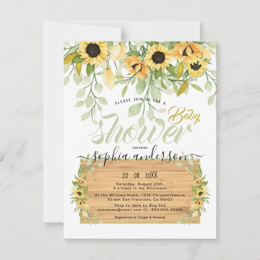 ウォーターカラーガーデンひまわりとウッドベビーシャワー 招待状 (正面)