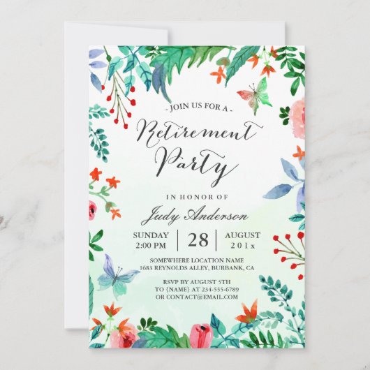 ウォーターカラーガーデングリーンリーフローラ退職パーティー 招待状 (正面)