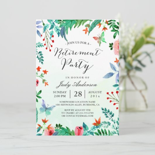 ウォーターカラーガーデングリーンリーフローラ退職パーティー 招待状 (スタンド正面)