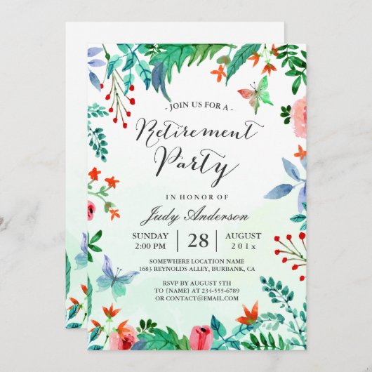 ウォーターカラーガーデングリーンリーフローラ退職パーティー 招待状 (正面/裏面)