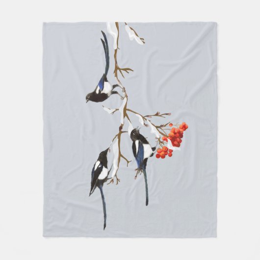 ウォーターカラーガーデンバードマグパイズワイルドライフ自然アート フリースブランケット (正面)