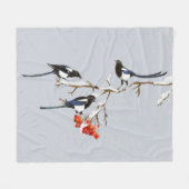 ウォーターカラーガーデンバードマグパイズワイルドライフ自然アート フリースブランケット (正面(横))