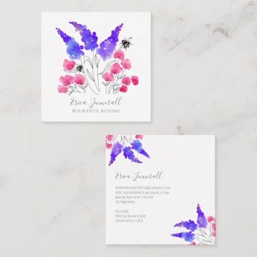 ウォーターカラーガーデンフローラバラ薄紫&ミツバチ スクエア名刺 (正面/裏面)