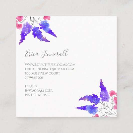 ウォーターカラーガーデンフローラバラ薄紫&ミツバチ スクエア名刺 (裏面)