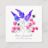 ウォーターカラーガーデンフローラバラ薄紫&ミツバチ スクエア名刺 (正面)