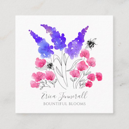 ウォーターカラーガーデンフローラバラ薄紫&ミツバチ スクエア名刺 (正面)