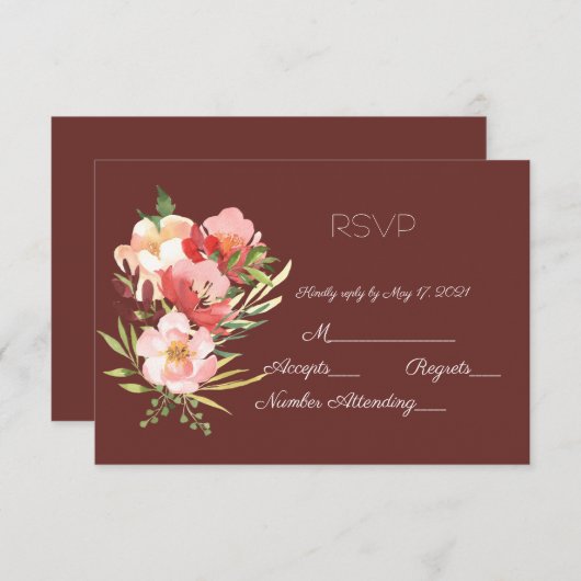 ウォーターカラーガーデンローズブーケ 出欠カード (正面/裏面)