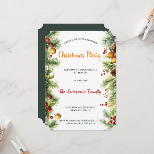 ウォーターカラーガーランドパイン&ベリークリスマスパーティー 招待状 (正面/裏面インサイチュ)