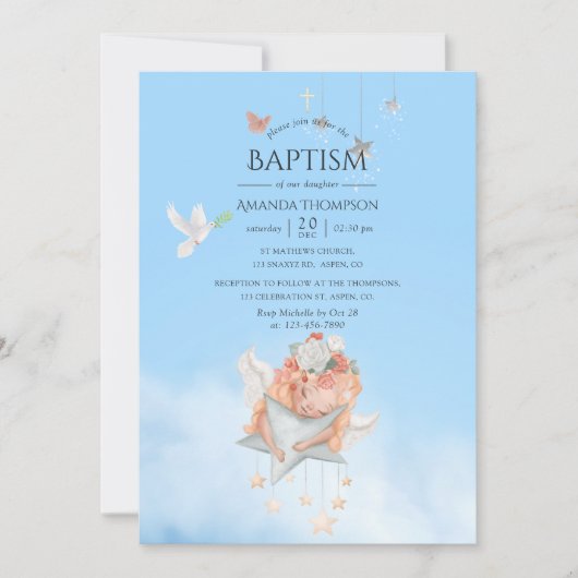 ウォーターカラーガールエンジェルバプティスフォト招待状 招待状 (正面)