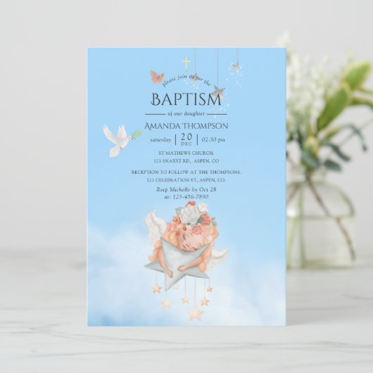 ウォーターカラーガールエンジェルバプティスフォト招待状 招待状 (スタンド正面)