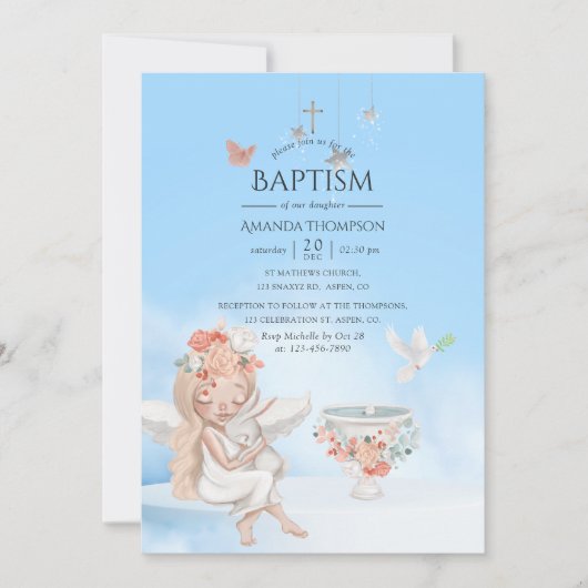 ウォーターカラーガールエンジェルバプティスフォト招待状 招待状 (正面)