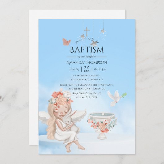 ウォーターカラーガールエンジェルバプティスフォト招待状 招待状 (正面/裏面)