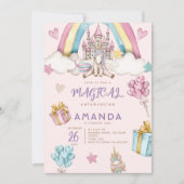 ウォーターカラーガールキュートユニコーンパレス誕生日 招待状 (正面)