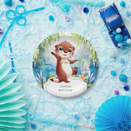 ウォーターカラーキッズオッター誕生日 ペーパープレート (パーティー)