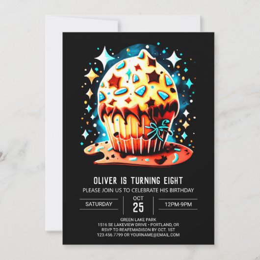 ウォーターカラーキッズカップケーキマフィン誕生日 招待状 (正面)