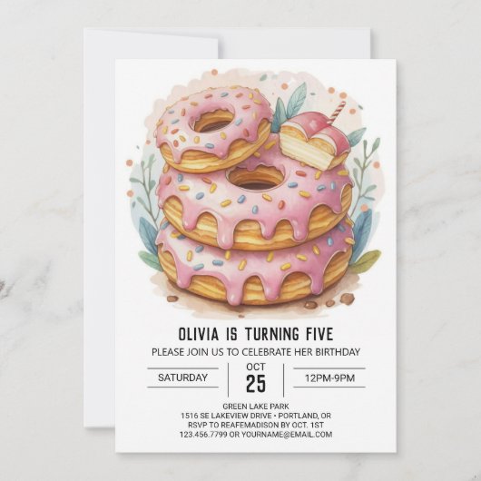 ウォーターカラーキッズドーナツ誕生日 招待状 (正面)