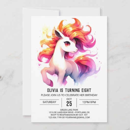 ウォーターカラーキッズホース誕生日 招待状 (正面)