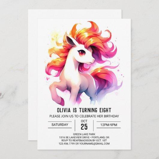 ウォーターカラーキッズホース誕生日 招待状 (正面/裏面)