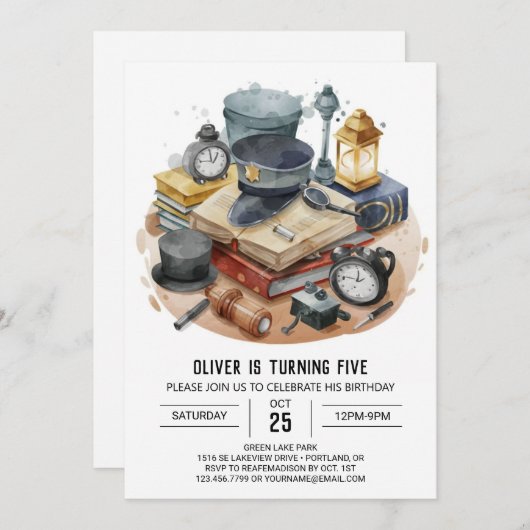 ウォーターカラーキッズ刑事誕生日 招待状 (正面/裏面)