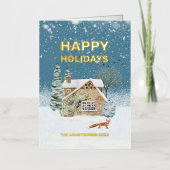 ウォーターカラーキツネファームハウスクリスマス 箔シーズンカード (正面)