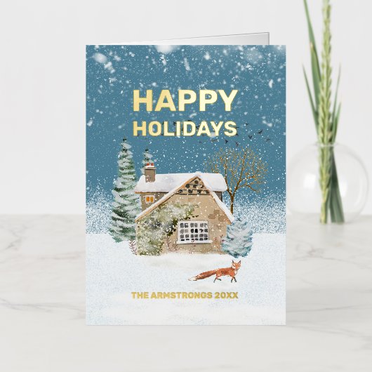 ウォーターカラーキツネファームハウスクリスマス 箔シーズンカード (正面)