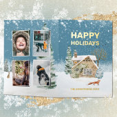 ウォーターカラーキツネファームハウスクリスマス 箔シーズンカード