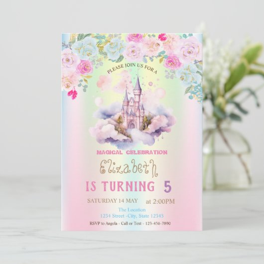 ウォーターカラーキャッスルファーズ虹色誕生日 招待状 (スタンド正面)