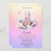 ウォーターカラーキャッスルプリンセスグラデーション誕生日 招待状 (正面/裏面)