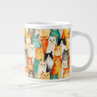ウォーターカラーキャットのコラージュパターン ジャンボコーヒーマグカップ