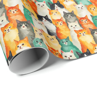 ウォーターカラーキャットのコラージュパターン ラッピングペーパー