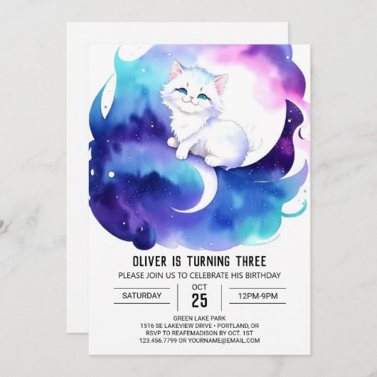 ウォーターカラーキャットシック誕生日 招待状 (正面/裏面)