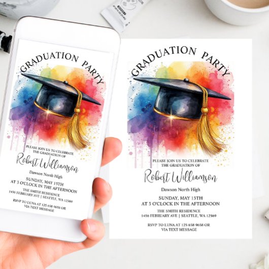 ウォーターカラーキャップ卒業パーティー招待状 招待状