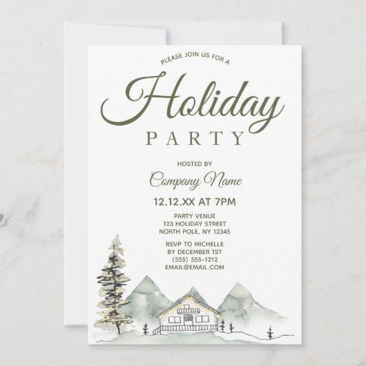 ウォーターカラーキャビンホリ企業のデークリスマスパーティー 招待状 (正面)
