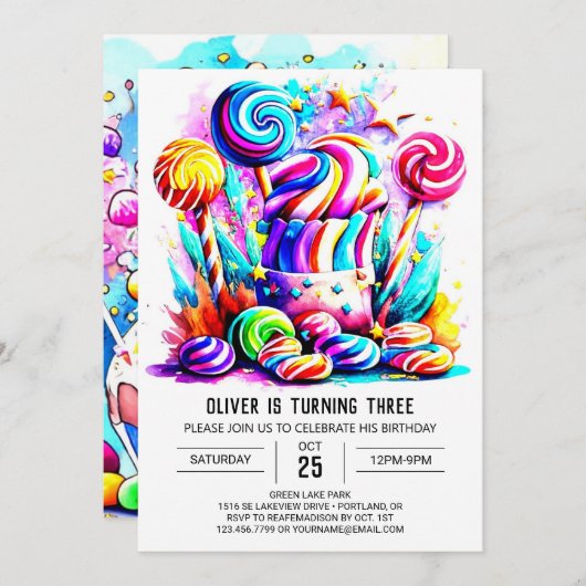 ウォーターカラーキャンディスウィートチョコレート誕生日 招待状 (正面/裏面)
