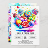 ウォーターカラーキャンディスウィートチョコレート誕生日 招待状 (正面/裏面)