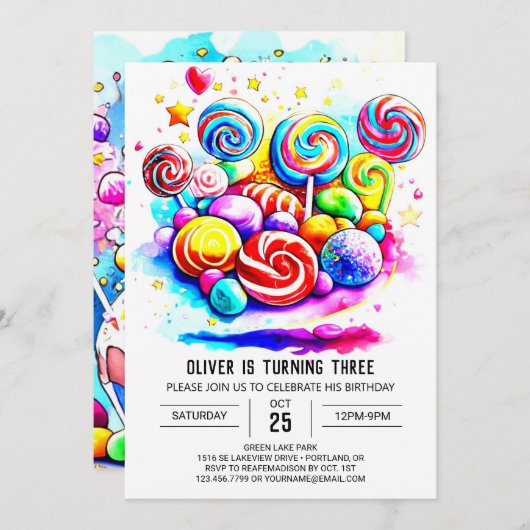 ウォーターカラーキャンディスウィートチョコレート誕生日 招待状 (正面/裏面)