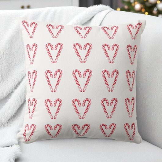 ウォーターカラーキャンディーケーンハート赤と白ホリデー クッション