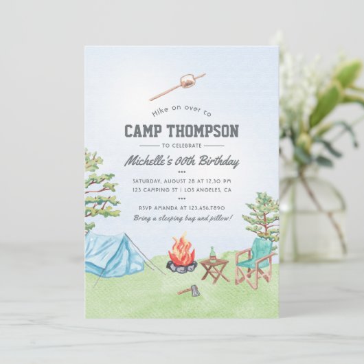 ウォーターカラーキャンピングバースデーパーティーの招待 招待状 (スタンド正面)