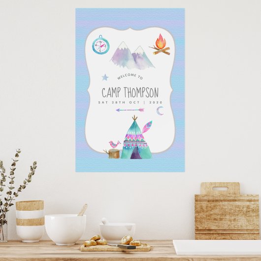 ウォーターカラーキャンピングバースデーパーティーウェルカム ポスター (キッチン)
