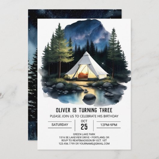ウォーターカラーキャンプアウト誕生日招待状 招待状 (正面/裏面)