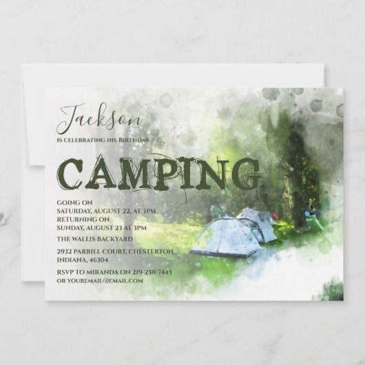 ウォーターカラーキャンプ誕生日招待状 招待状 (正面)