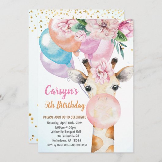 ウォーターカラーキュートキリン誕生日招待状 招待状 (正面/裏面)