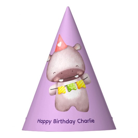 ウォーターカラーキュートベビーヒッポ誕生日 パーティーハット (正面)