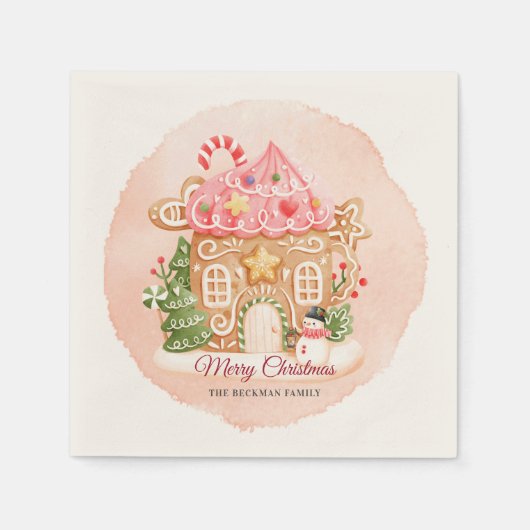 ウォーターカラーギンガーブレッドハウスクリスマスホリデーパーティー スタンダードカクテルナプキン (正面)