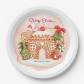 ウォーターカラーギンガーブレッドハウスクリスマスホリデーパーティー ペーパープレート (正面)