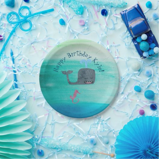 ウォーターカラークジラ誕生日紙パーティープレート ペーパープレート (パーティー)
