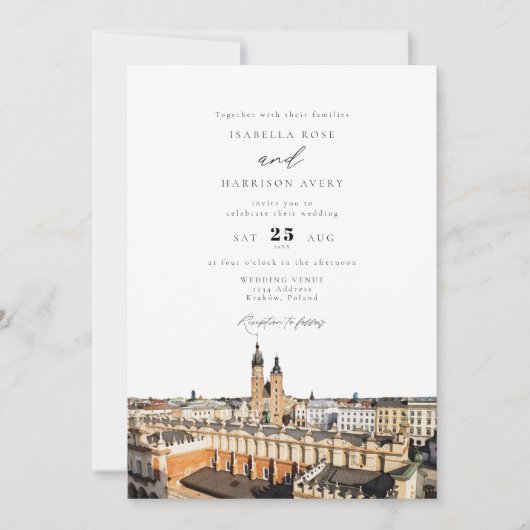 ウォーターカラークラクフスカイライン建物結婚ズ 招待状 (正面)