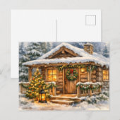 ウォーターカラークリスマスの森のキャビン シーズンポストカード (正面/裏面)