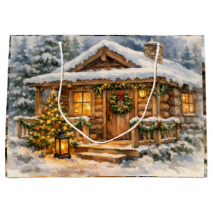 ウォーターカラークリスマスの森のキャビン ラージペーパーバッグ