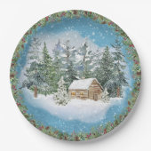 ウォーターカラークリスマスの雪の小屋 ペーパープレート (正面)